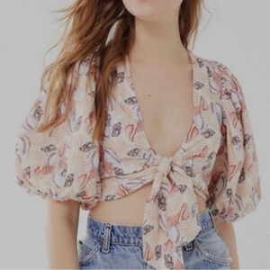 Urban Outfitters Devon Linen Seashell Puff Sleeve Crop Top  Beach Boho Size M